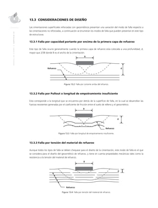 MANUALDEDISEÑO|CAPÍTULO13
13.3 CONSIDERACIONES DE DISEÑO
Las cimentaciones superficiales reforzadas con geosintéticos presentan una variación del modo de falla respecto a
las cimentaciones no reforzadas, a continuación se enumeran los modos de falla que pueden presentar en este tipo
de estructuras:
13.3.1 Falla por capacidad portante por encima de la primera capa de refuerzo
Este tipo de falla ocurre generalmente cuando la primera capa de refuerzo esta colocada a una profundidad, d,
mayor que 2/3B donde B es el ancho de la cimentación.
Figura 13.2 Falla por cortante arriba del refuerzo.
13.3.2 Falla por Pullout o longitud de empotramiento insuficiente
Esta corresponde a la longitud que se encuentra por detrás de la superficie de falla, en la cual se desarrollan las
fuerzas resistentes generadas por el coeficiente de fricción entre el suelo de relleno y el geosintético.
Figura 13.3 Falla por longitud de empotramiento insuficiente.
13.3.3 Falla por tensión del material de refuerzo
Aunque todos los tipos de falla se deben chequear para el diseño de la cimentación, este modo de falla es el que
se considera para el diseño del geosintético de refuerzo, y tiene en cuenta propiedades mecánicas tales como la
resistencia a la tensión del material de refuerzo.
Figura 13.4 Falla por tensión del material de refuerzo.
 