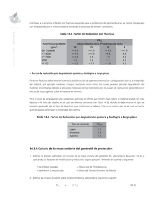 MANUALDEDISEÑO|CAPÍTULO14
Con base a lo anterior el factor por fluencia requerido para la protección de geomembranas es menor comparado
con el requerido por el mismo material sometido a esfuerzos de tensión constantes.
Tabla 14.5 Factor de Reducción por Fluencia
• Factor de reducción por degradación química y biológica a largo plazo
Para este factor se debe tener en cuenta la posible acción de agentes externos los cuales puedan afectar la integridad
del sistema, por ejemplo roedores, hongos, bacterias, entre otros, los cuales pueden generar degradación del
material, sin embargo debido al alto peso molecular de los materiales con los cuales se fabrican los geosintéticos el
efecto de estos agentes sobre el material es mínimo.
Para el caso de degradación por sustancias químicas el efecto que tienen estas sobre el material puede ser más
decisivo a la hora del diseño, es el caso de rellenos sanitarios (ver Tabla 14.6), donde se debe evaluar el tipo de
lixiviado generado por el tipo de desechos que conforman el relleno. Este es el único caso en el cual un factor
químico pueda amenazar la integridad del sistema.
Tabla 14.6 Factor de Reducción por degradación química y biológica a largo plazo
14.3.4 Cálculo de la masa unitaria del geotextil de protección
1.	Estimar la presión admisible, en función de la masa unitaria del geotextil, M, utilizando la Ecuación (14.2), y
aplicando los factores de modificación y reducción, según apliquen. Teniendo en cuenta lo siguiente:
H de Piedras Aisladas 			 = Altura real de Protuberancia
H de Piedras Compactadas 		 = Mitad del Tamaño Máximo de Piedras
2.	Estimar la presión actuante sobre la geomembrana, aplicando la siguiente ecuación:
	Preq	 = 	 h * γ 	 (14.3)
 