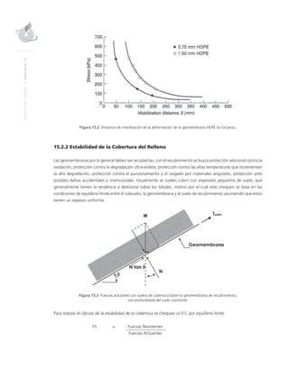 MANUALDEDISEÑO|CAPÍTULO15
Figura 15.2 Distancia de movilización de la deformación de la geomembrana HDPE Vs Esfuerzo.
15.2.2 Estabilidad de la Cobertura del Relleno
Las geomembranas por lo general deben ser recubiertas, con el recubrimiento se busca protección adicional contra la
oxidación, protección contra la degradación ultra-violeta, protección contra las altas temperaturas que incrementan
la alta degradación, protección contra el punzonamiento y el rasgado por materiales angulares, protección ante
posibles daños accidentales o intencionales. Usualmente se suelen cubrir con espesores pequeños de suelo, que
generalmente tienen la tendencia a deslizarse sobre los taludes, motivo por el cual este chequeo se basa en las
condiciones de equilibrio límite entre el subsuelo, la geomembrana y el suelo de recubrimiento asumiendo que estos
tienen un espesor uniforme.
Figura 15.3 Fuerzas actuantes con suelos de cobertura sobre la geomembrana de recubrimiento,
con profundidad del suelo constante.
Para realizar el cálculo de la estabilidad de la cobertura se chequea un F.S. por equilibrio límite.
	 FS 	 =	 Fuerzas Resistentes
			 Fuerzas Actuantes
 