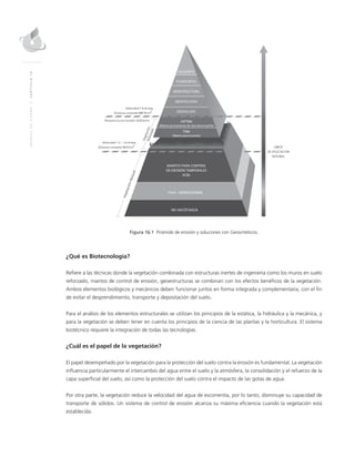 MANUALDEDISEÑO|CAPÍTULO16
Figura 16.1 Pirámide de erosión y soluciones con Geosintéticos.
¿Qué es Biotecnología?
Refiere a las técnicas donde la vegetación combinada con estructuras inertes de ingeniería como los muros en suelo
reforzado, mantos de control de erosión, geoestructuras se combinan con los efectos benéficos de la vegetación.
Ambos elementos biológicos y mecánicos deben funcionar juntos en forma integrada y complementaria, con el fin
de evitar el desprendimiento, transporte y depositación del suelo.
Para el análisis de los elementos estructurales se utilizan los principios de la estática, la hidráulica y la mecánica, y
para la vegetación se deben tener en cuenta los principios de la ciencia de las plantas y la horticultura. El sistema
biotécnico requiere la integración de todas las tecnologías.
¿Cuál es el papel de la vegetación?
El papel desempeñado por la vegetación para la protección del suelo contra la erosión es fundamental. La vegetación
influencia particularmente el intercambio del agua entre el suelo y la atmósfera, la consolidación y el refuerzo de la
capa superficial del suelo, así como la protección del suelo contra el impacto de las gotas de agua.
Por otra parte, la vegetación reduce la velocidad del agua de escorrentía, por lo tanto, disminuye su capacidad de
transporte de sólidos. Un sistema de control de erosión alcanza su máxima eficiencia cuando la vegetación está
establecida.
 