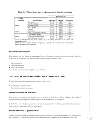 CONTROLDEEROSIÓNENTALUDES,CANALESYMÁRGENESDERÍOSCONGEOSINTÉTICOS
407
Tabla 16.5 Valores típicos para el n de manning de distintos materiales
Propiedades de desempeño
En el apéndice A de este manual se lista las especificaciones técnicas de los mantos de control de erosión TRMs. Allí
se reportan las propiedades mas relevantes para el diseño (valores admisibles) como:
•	 Esfuerzo cortante
•	 Velocidad admisible
•	 Factor de cobertura
•	 n de Manning (En condición vegetada y solo el manto)
16.5 METODOLOGÍA DE DISEÑO PARA GEOESTRUCTURA
El diseño de un sistema de geoestructuras tiene dos componentes:
•	 Diseño de la Solución Hidráulica
•	 Diseño Interno de la Geoestructura
Diseño de la Solución Hidráulica
Generalmente los proyectos de geoestructuras, se originan a partir de un diseño hidráulico que indica el
dimensionamiento de los elementos a incluir dentro del sistema a utilizar en el proyecto.
El diseño hidráulico deberá ser establecido por un ingeniero especialista en hidráulica, ajustándose a las condiciones
de la corriente y la aplicación definitiva del proyecto.
Diseño interno de la geoestructura
Cuando se realiza el llenado de la geoestructura, se generan esfuerzos circunferenciales y axiales en el recubrimiento
de la geoestructura que deberán ser analizados para determinar la competencia del geotextil en la aplicación.
 