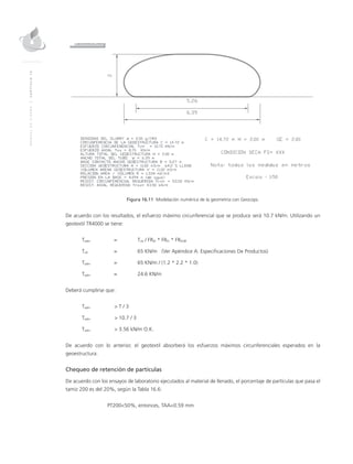 MANUALDEDISEÑO|CAPÍTULO16
Figura 16.11 Modelación numérica de la geometría con Geocops.
De acuerdo con los resultados, el esfuerzo máximo circunferencial que se produce será 10.7 kN/m. Utilizando un
geotextil TR4000 se tiene:
Tadm 	 = 	Tult / FRID * FRFL * FRDQB
Tult 	 = 	 65 KN/m (Ver Apéndice A: Especificaciones De Productos)
Tadm 	 = 	 65 KN/m / (1.2 * 2.2 * 1.0)
Tadm 	 = 	 24.6 KN/m
Deberá cumplirse que:
Tadm	 > T / 3
Tadm 	 > 10.7 / 3
Tadm 	 > 3.56 kN/m O.K.
De acuerdo con lo anterior, el geotextil absorberá los esfuerzos máximos circunferenciales esperados en la
geoestructura.
Chequeo de retención de partículas
De acuerdo con los ensayos de laboratorio ejecutados al material de llenado, el porcentaje de partículas que pasa el
tamiz 200 es del 20%, según la Tabla 16.6:
		 PT200<50%, entonces, TAA<0.59 mm
 