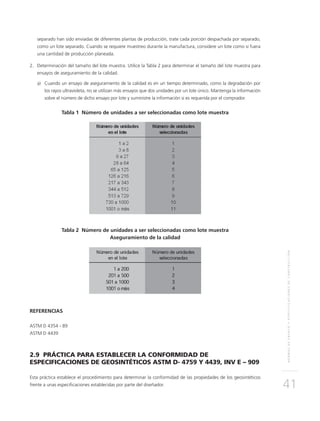 NORMASDEENSAYOYESPECIFICACIONESDECONSTRUCCIÓN
41
separado han sido enviadas de diferentes plantas de producción, trate cada porción despachada por separado,
como un lote separado. Cuando se requiere muestreo durante la manufactura, considere un lote como si fuera
una cantidad de producción planeada.
2.	Determinación del tamaño del lote muestra. Utilice la Tabla 2 para determinar el tamaño del lote muestra para
ensayos de aseguramiento de la calidad.
a)	Cuando un ensayo de aseguramiento de la calidad es en un tiempo determinado, como la degradación por
los rayos ultravioleta, no se utilizan más ensayos que dos unidades por un lote único. Mantenga la información
sobre el número de dicho ensayo por lote y suministre la información si es requerida por el comprador.
Tabla 1 Número de unidades a ser seleccionadas como lote muestra
Tabla 2 Número de unidades a ser seleccionadas como lote muestra
Aseguramiento de la calidad
REFERENCIAS
ASTM D 4354 - 89
ASTM D 4439
2.9 PRÁCTICA PARA ESTABLECER LA CONFORMIDAD DE
ESPECIFICACIONES DE GEOSINTÉTICOS ASTM D- 4759 Y 4439, INV E – 909
Esta práctica establece el procedimiento para determinar la conformidad de las propiedades de los geosintéticos
frente a unas especificaciones establecidas por parte del diseñador.
 