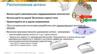 © 2015 Cisco and/or its affiliates. All rights reserved.TECEWN-2015 Cisco Public
Расположение антенн
•  Используйте максимальное поддерживаемое количество!
•  Используйте на одной ТД антенны одного типа
•  Ориентируйте их в одном направлении
•  ТД со встроенными антеннами разработаны для горизонтального монтажа на
потолок
•  Величина пространственного разнесения антенн - компромисс
–  рассчитывайте разнос антенн от ½ до 1 длины волны*
–  *результаты зависят от окружающей обстановки. Разнесение на ½ длины волны дает
максимальную вероятность избежать негативных эффектов, связанных с
многолучевым распространением радиосигнала
•  для 2.4ГГц ½ длины волны~ 6.35см
•  для 5.2ГГц ½ длины волны ~ 2.8см
receivers
transmitters
 