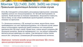 © 2015 Cisco and/or its affiliates. All rights reserved.TECEWN-2015 Cisco Public
Монтаж ТД (1x00, 2x00, 3x00) на стену
Правильная ориентация диполей в этом случае
Если Вы планируете использовать расширенный функционал, например,
передачу голоса или позиционирование, то ТД надо монтировать на
потолке. Когда монтаж на потолок невозможен, допускается повесить
ТД на стену, но при этом необходимо ориентировать антенны как
показано на картинках
Т.к. дипольные антенны у ТД, висящей на стене, могут быть легко
преднамеренно или нет переориентированы, то в данном случае имеет
смысл использовать панельные (patch) антенны или специальные
крепления для ТД (след. слайд). Кроме того, стены могут искажать ДН
дипольной антенны, делая ее направленной, т.к. они могут содержать
металлическую арматуру или каркас. Сам материал стены также
вносит доп. затухание, искажающее ДН всенаправленной антенны.
Замечание: потолок всегда лучше для монтажа ТД с точки
зрения распространения сигнала.
127
 
