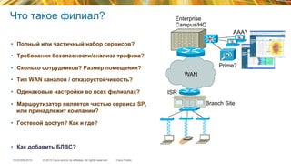 © 2015 Cisco and/or its affiliates. All rights reserved.TECEWN-2015 Cisco Public
Что такое филиал?
•  Полный или частичный набор сервисов?
•  Требования безопасности/анализа трафика?
•  Сколько сотрудников? Размер помещения?
•  Тип WAN каналов / отказоустойчивость?
•  Одинаковые настройки во всех филиалах?
•  Маршрутизатор является частью сервиса SP,
или принадлежит компании?
•  Гостевой доступ? Как и где?
•  Как добавить БЛВС?
AAA?
WAN
Enterprise
Campus/HQ
Prime?
Branch Site
ISR
 