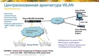 © 2015 Cisco and/or its affiliates. All rights reserved.TECEWN-2015 Cisco Public
Централизованная архитектура WLAN
Компоненты
Access Points
• Политики
безопасности
• Политики QoS
• Управление RF
• Роуминг
• Полная информация о
RSSI и SNR с каждой
AP
• Шифрование на уровне MAC
• Мониторинг радиоэфира
• Каждая AP является удаленным
интерфейсом контроллера
Switch/Routed
Network
Cisco WLAN Controller
Cisco Prime
Infrastructure
SNMP v3
Web
Browser
Cisco Mobility
Services
Engine
CAPWAP: Control And Provisioning of Wireless Access Points,
(runs over UDP – 5247 Data port, 5246 control port)
SOAP / XML
 