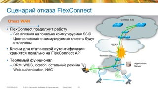 © 2015 Cisco and/or its affiliates. All rights reserved.TECEWN-2015 Cisco Public
Сценарий отказа FlexConnect
•  FlexConnect продолжит работу
–  Без влияния на локально коммутируемые SSID
–  Централизованно коммутируемые клиенты будут
отключены
•  Ключи для статической аутентификации
хранятся локально на FlexConnect AP
•  Теряемый функционал
–  RRM, WIDS, location, остальные режимы ТД
–  Web authentication, NAC
Отказ WAN
152
Remote Site
WAN
Central Site
Application
Server
 