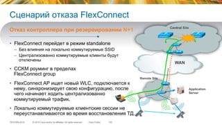 © 2015 Cisco and/or its affiliates. All rights reserved.TECEWN-2015 Cisco Public
Сценарий отказа FlexConnect
•  FlexConnect перейдет в режим standalone
–  Без влияния на локально коммутируемые SSID
–  Централизованно коммутируемые клиенты будут
отключены
•  CCKM роуминг в пределах
FlexConnect group
•  FlexConnect AP ищет новый WLC, подключается к
нему, синхронизирует свою конфигурацию, после
чего начинает ходить централизованно
коммутируемый трафик.
•  Локально коммутируемые клиентские сессии не
переустанавливаются во время восстановления ТД.
Отказ контроллера при резервировании N+1
153
Remote Site
WAN
Central Site
Application
Server
 