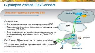 © 2015 Cisco and/or its affiliates. All rights reserved.TECEWN-2015 Cisco Public
Сценарий отказа FlexConnect
•  Особенности:
–  Без влияния на локально коммутируемые SSID
–  Переподключение централизованно коммутируемых
клиентов (AP SSO)
–  Отсутствие влияния или минимальное влияние на
локально коммутируемых клиентов (Client SSO,
v7.5+)
•  FlexConnect ТД не переходит в режим standalone
•  ТД продолжает работу в режиме connected с новым
active контроллером
154
WAN
Application
Server
Remote Office
Central Site
Active
Standby
Отказ контроллера в режиме SSO
 