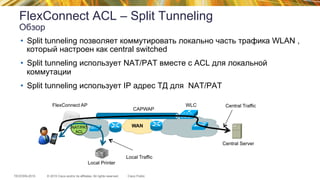 © 2015 Cisco and/or its affiliates. All rights reserved.TECEWN-2015 Cisco Public
FlexConnect ACL – Split Tunneling
•  Split tunneling позволяет коммутировать локально часть трафика WLAN ,
который настроен как central switched
•  Split tunneling использует NAT/PAT вместе с ACL для локальной
коммутации
•  Split tunneling использует IP адрес ТД для NAT/PAT
Обзор
WLCFlexConnect AP
CAPWAP
WAN
Central Server
Central Traffic
Local Printer
NAT/PAT
ACL
Local Traffic
 