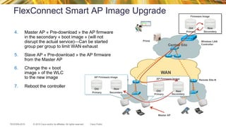© 2015 Cisco and/or its affiliates. All rights reserved.TECEWN-2015 Cisco Public
WAN
FlexConnect Smart AP Image Upgrade
4.  Master AP « Pre-download » the AP firmware
in the secondary « boot image » (will not
disrupt the actual service)—Can be started
group per group to limit WAN exhaust
5.  Slave AP « Pre-download » the AP firmware
from the Master AP
6.  Change the « boot
image » of the WLC
to the new image
7.  Reboot the controller
Description (Cont…)
OldNewNewOld
NewOld
Central Site
Remote Site-1 Remote Site-N
Prime Wireless LAN
Controller
Primary Secondary
Firmware Image
Primary Secondary
AP Firmware Image
NewOld
Primary Secondary
AP Firmware Image
Master AP
 