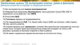 © 2015 Cisco and/or its affiliates. All rights reserved.TECEWN-2015 Cisco Public
Заказчикам нужны ТД энтерпрайз класса, даже в филиале
Домашние устройства не подходят по следующим причинам:
7) Нет инструментов для поиска неисправностей
8) Неадекватные механизмы безопасности: часто доступен только PSK. 802.1x
заявляется, но не работает. Нет WIPS.
9) Отсутствие QoS.
10) Гостевые сервисы не поддерживаются.
11) Не поддерживается PoE. Т.е. Нужно либо тянуть 220В «за потолок», либо ставить
ТД там, где есть розетка.
12) Спроектированы для «домашних» условий. Вне дома быстро покрываются толстым
слоем пыли, которая через вентиляционные отверстия попадает на платы и RF
разъемы, вызывая их быстрое старение и сбои в работе.
13) Не имеют нормальных вариантов монтажа на потолок или стену.
 