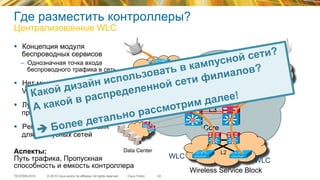 © 2015 Cisco and/or its affiliates. All rights reserved.TECEWN-2015 Cisco Public
Где разместить контроллеры?
Централизованные WLC
22
§  Концепция модуля
беспроводных сервисов
–  Однозначная точка входа
беспроводного трафика в сеть
§  Нет множества Wireless
VLAN в сети
§  Лучшая производительность
при L2 роуминге
§  Рекомендованный дизайн
для кампусных сетей
L3
SiSi SiSiSiSi SiSi
Core
L3L3
Data Center
SiSi
SiSi
WLC
WLC
Wireless Service Block
SiSi SiSi
L2
SiSi SiSi
Аспекты:
Путь трафика, Пропускная
способность и емкость контроллера
Какой дизайн использовать в кампусной сети?
А какой в распределенной сети филиалов?
è Более детально рассмотрим далее!
 