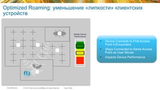 © 2015 Cisco and/or its affiliates. All rights reserved.TECEWN-2015 Cisco Public
Optimized Roaming: уменьшение «липкости» клиентских
устройств
Mobile Device
Performance
•  Device Connects to First Access
Point it Encounters
•  Stays Connected to Same Access
Point as User Moves
•  Impacts Device Performance
 