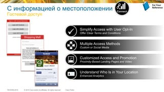 © 2015 Cisco and/or its affiliates. All rights reserved.TECEWN-2015 Cisco Public
С информацией о местоположении
Гостевой доступ
Connect
Multiple Access Methods
Custom or Social Media
Understand Who Is in Your Location
Enhanced Analytics
Customized Access and Promotion
Proximity-Based Landing Pages and Video
Simplify Access with User Opt-In
Offer Clear Terms and Conditions
For	
  Your	
  
Reference	
  
 