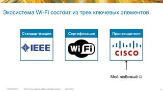 © 2015 Cisco and/or its affiliates. All rights reserved.TECEWN-2015 Cisco Public
StandardsStandards Standards
Экосистема Wi-Fi состоит из трех ключевых элементов
Мой любимый J
Стандартизация Сертификация Производители
46
 