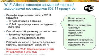 © 2015 Cisco and/or its affiliates. All rights reserved.TECEWN-2015 Cisco Public
Wi-Fi Alliance является всемирной торговой
ассоциацией поставщиков 802.11 продуктов
•  Сертифицирует совместимость 802.11
продуктов
–  18 лабораторий в 8 странах
–  16,949 сертифицированных продуктов с
2000 года
•  Способствует общению внутри экосистемы
–  Зачем сертифицироваться?
–  … новые спецификации тестов
•  Работает как лидер в процессах решения
проблем, возникающих на пути Wi-Fi
•  Замечание: Wi-Fi Alliance включил в себя
Wi-Gig Alliance в 2013 году
§  Целью является
совместимость
§  Продукты тестируются
на базовую
совместимость с
«идеальными»
устройствами
§  Прагматичное решение,
хорошо подходящее для
индустрии БЛВС
 