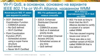 © 2015 Cisco and/or its affiliates. All rights reserved.TECEWN-2015 Cisco Public
Wi-Fi QoS, в основном, основано на варианте
IEEE 802.11e от Wi-Fi Alliance, названном WMM
65
Изначально 802.11 имел
два варианта работы
•  DCF: Distributed
Coordination Function
–  CSMA/CA access
–  No QoS defined
–  Wi-Fi Certified
•  Point Coordination
Function (PCF)
–  Scheduled access
using a super frame
structure
–  QoS defined
–  Never Wi-Fi Certified
802.11e добавило два
новых способа
•  EDCA: Enhanced
Distributed Channel
Access
–  CSMA/CA access
–  QoS on 8 statistical
priority levels
•  HCF Controlled Channel
Access (HCCA)
–  Scheduled access at
any time
–  QoS defined
Wi-Fi Alliance
сертифицировал Wi-Fi QoS
как WMM
•  802.11e took so long to
finish that the Wi-Fi
Alliance decided to certify
a subset of a variant
called WMM
•  This has caused ongoing
issues ever since L
•  There was also a non
certified variant of HCCA
called WMM-SA that is
now defunct
 