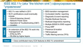 © 2015 Cisco and/or its affiliates. All rights reserved.TECEWN-2015 Cisco Public
IEEE 802.11v (aka “the kitchen sink”) сфокусирован на
“управлении”
•  802.11v was ratified in 2011
•  Wi-Fi certifications could eventually
include:
–  Voice-Enterprise (done!)
–  Network Power Save
–  Operation & Troubleshooting (O&T)
–  Location
•  An extension of the 802.11k work into
“management” of:
–  STAs by APs
–  WLANs by higher layers
•  BSS transition management
•  Co-located interfer. reporting
•  Diagnostic & event reporting
•  Flexible Multicast Service
•  Multicast diagnostics reporting
•  Multiple BSSID & SSID support
•  Proxy ARP
•  Presence & location
•  TIM broadcast
•  Traffic filtering service (TFS)
StatusGoals
“kitchensink”offeatures
Cisco •  Cisco contributed many CCX features to 802.11v amendment
69
 