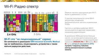 © 2015 Cisco and/or its affiliates. All rights reserved.TECEWN-2015 Cisco Public
Wi-Fi Радио спектр
Wi-Fi это “не лицензируемый” сервис
Он начинался в диапазоне ISM Industrial Scientific Medical
где не требовалось лицензировать устройства с таким
малым радиусом действия.
Первые частоты доступные для Wi-Fi
были в диапазоне 2.4 GHz
С ростом популярности сетей Wi-Fi
регуляторы выделили
дополнительные частоты в диапазоне
5 GHz.
Частоты в которых работает Wi-Fi
используются и другими сервисами,
например радиолокация.
В диапазоне 5GHz доступно больше
частот, но используется механизм для
совместной работы с лицензируемыми
сервисом (RADAR) RAdio Detection And
Ranging который называется (DFS)
Dynamic Frequency Selection
(метод автоматического выбора
канала)
2.4 GHz 5 GHz
 