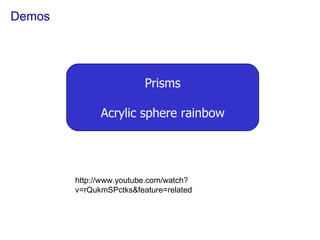 Demos Prisms Acrylic sphere rainbow http://www.youtube.com/watch?v=rQukmSPctks&feature=related 
