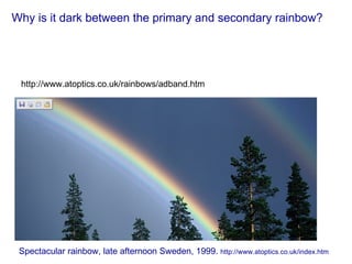 Why is it dark between the primary and secondary rainbow? http://www.atoptics.co.uk/rainbows/adband.htm Alexander’s dark band Spectacular rainbow, late afternoon Sweden, 1999.  http://www.atoptics.co.uk/index.htm 