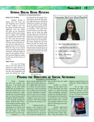 Spring Break Book Reviews
KatieFinn.Life&StyleEditor

Before I Go To Sleep
	
Imagine having to
relearn your life every day
and forgetting every moment
of your existence once you
fell asleep. Christine lives this
nightmare every day. When
she wakes up she remembers
herself as twenty years younger
and in college. Her husband
has to fill her into what he calls
her “life” each and every day.
Against her husband’s wishes,
Christine starts secretively seeing a doctor in the hopes of regaining some of her memory.
With the help of her doctor
and her growing subconscious
memories, Christine begins to
piece her life together for herself, but slowly begins to realize
her life may not have been as it
seemed.

hood friend for the popular boys
and fashion obsessed, fake girls.
One night, after years of Q loving
Margo from a distance, she shows
up at his window in the middle
of the night insisting they go on
an adventure. They trash their
enemies houses, ruin their reputations, and to finish the night
off, they break into SeaWorld. Q
feels like a brand new person and
thinks they can finally be friends
again, but the next morning Margo is gone. Margo has run away
before and left her family clues
as to where she is going, but this
time she leaves the hints for Q. Q
is determined to find his life-long
friend and crush before the clues
run out and he is too late.

March 2012

19

Amanda McCay’s iPod Playlist

1.	 Mac Miller-Party on Fifth Ave
2.	 Adele-Set Fire to the Rain
3.	 Kelly Clarkson- Stronger
4.	 Drake - The Motto
5.	 Coldplay- Paradise

Paper Towns
	
Ten year old Margo
and Q were best friends and
partners in crime. However, as
they grew up, Margo was pulled
into the rush of popularity and
easily left behind her child-

Photo by Katie Finn

Pinning the Direction of Social Networks
Social
Networking sites have evolved over
the years. It all started with
MySpace in the early 2000’s
and like the ever-popular Facebook and Twitter, many more
have been created since. Additionally, new social networking
sites are always being created.
Instagram, Tumblr, and Pinterest are currently sweeping the
nation. With the lack of activity on MySpace and the waning
interest in Facebook, it will be
interesting to see which social
networking site will become
the next sleeper and which
fresh site will come out on top.
	
Instagram is a free

JesseEby.StaffWriter

photo sharing application that
allows users to take a photo, apply a digital filter, then share it
on a variety of social networking services. It has accumulated
over a million users in the span
of a year. Instagram is currently
only for users with an iPhone,
but an Android version will be
available at a date yet to be determined. This will do nothing
but increase the amount of users.
	
Sophomore Jake Augustine, a new member of the
Instagram community, had this
to say about the site. “I love Instagram because it is a good way
to see what your friends are do-

ing and where they are,” stated
Augustine.
	
Tumblr is a microblogging site that allows users
to post multimedia and other
content to a short-form blog
called a tumbleblog. Tumblr is
an older site, developed in 2007,
but has gained much popularity
in the last few years, receiving
thirteen billion views a month.
Also, gaining 25,000 new users
daily, it is growing at an incredibly fast rate.
	
Another image-based
site is Pinterest. This service
allows users to create and manage theme-based image collections. This past summer, Time

Magazine named Pinterest one
of the best “50 Best Websites of
2011.” 	
	
All of these social
networking sites offer a great
amount of features and involvement, but only one will be
on top. The others will inevitably sink to the bottom.

AP Images

 