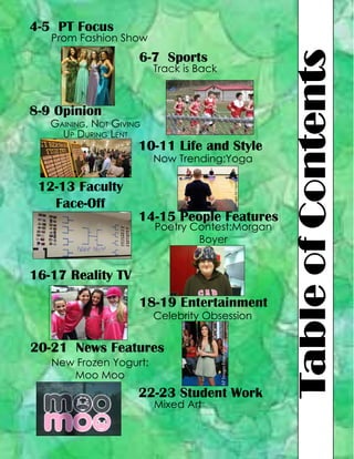 4-5 PT Focus

6-7 Sports

Track is Back

8-9 Opinion

Gaining, Not Giving
Up During Lent

10-11 Life and Style

12-13 Faculty
Face-Off

AP Images Jay Leprete

Now Trending:Yoga

14-15 People Features
Poetry Contest:Morgan
Boyer

16-17 Reality TV
18-19 Entertainment
20-21 News Features
New Frozen Yogurt:
Moo Moo

AP Images Evan Agostini

Celebrity Obsession

22-23 Student Work
Mixed Art

Table of Contents

Prom Fashion Show

 