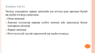 ХАМРАХ ХҮРЭЭ
Энэхүү стандартыг дараах зүйлсийн аль нэгэнд хувь оролцоо бүхий
аж ахуйн нэгжүүд ашиглана.
a) Охин компани
b) Хамтын хэлэлцээр өөрөөр хэлбэл хамтын үйл ажиллагаа болон
хамтарсан үйлдвэр
c) Хараат компани
d) Нэгтгэгдээгүй тусгай зорилготой аж ахуйн нэгжүүд
 
