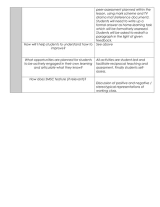 peer-assessment planned within the
                                                lesson, using mark scheme and TV
                                                drama mat (reference document).
                                                Students will need to write up a
                                                formal answer as home-learning task
                                                which will be formatively assessed.
                                                Students will be asked to redraft a
                                                paragraph in the light of given
                                                feedback.
How will I help students to understand how to   See above
                   improve?


What opportunities are planned for students     All activities are student-led and
to be actively engaged in their own learning    facilitate reciprocal teaching and
      and articulate what they know?            assessment. Finally students self-
                                                assess.

   How does SMSC feature (if relevant)?
                                                Discussion of positive and negative /
                                                stereotypical representations of
                                                working class.
 