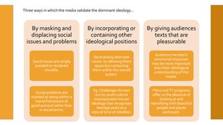By masking and
displacing social
issues and problems
Social issues are simply
avoided or rendered
invisible.
Social problems are
masked as being within a
moral framework of
good and evil rather than
in social terms.
By incorporating or
containing other
ideological positions
Neutralising alternate
voices by allowing them
space but containing
them within the overall
system.
Eg. Challenges thrown
out by youth culture
incoroporated into an
ideology that recognises
teenage years as a
natural time of rebellion.
By giving audiences
texts that are
pleasurable
Audience member’s
emotional responses
may be more important
than their ideological
understanding of the
media.
Films andTV programs
offer us the pleasure of
looking at and
identifying with beautiful
people and places
portrayed.
Three ways in which the media validate the dominant ideology…
 