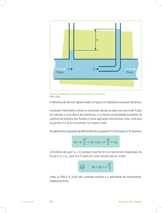 Figura 2.8: Medição de pressão estática e dinâmica
Fonte: CTISM
A diferença de altura h apresentada na Figura 2.8 representa a pressão dinâmica.
A pressão hidrostática refere-se à pressão devida ao peso da coluna de fluido
em relação a uma altura de referência, é a mesma propriedade estudada no
capítulo de estática dos fluidos e nesta aplicação será sempre nula, visto que
os pontos P e Q se encontram no mesmo nível.
Se aplicarmos a equação de Bernoulli entre os pontos P e Q da Figura 2.8, teremos:
Considerando que VQ = 0, porque o ponto Q é um ponto de estagnação do
fluido e zQ = zP, pois Q e P estão em uma mesma altura, então:
onde, pP [Pa] e VP [m/s] são a pressão estática e a velocidade do escoamento,
respectivamente.
Mecânica dos Fluidos
e-Tec Brasil 44
 