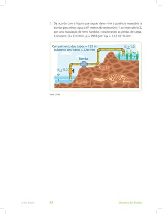2. De acordo com a figura que segue, determine a potência necessária à
bomba para elevar água a 61 metros do reservatório 1 ao reservatório 2,
por uma tubulação de ferro fundido, considerando as perdas de carga.
Considere: Q = 6 m3
/min, r = 999 kg/m3
e m = 1,12.10-3
N.s/m2
.
Fonte: CTISM
Mecânica dos Fluidos
e-Tec Brasil 62
 