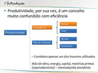 1 Introdução
 Produtividade, por sua vez, é um conceito
  muito confundido com eficiência
                                     Parcial
                 Abrangência
                                     Total
Produtividade
                                     Técnico
                 Tipo de indicador
                                     Econômico



                 Considera apenas um dos insumos utilizados

                Mão-de-obra, energia, capital, matérias-primas
                (separadamente) – chamadas/dia atendente
 