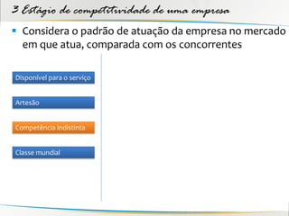 3 Estágio de competitividade de uma empresa
 Considera o padrão de atuação da empresa no mercado
  em que atua, comparada com os concorrentes

Disponível para o serviço


Artesão


Competência indistinta


Classe mundial
 
