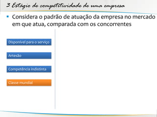 3 Estágio de competitividade de uma empresa
 Considera o padrão de atuação da empresa no mercado
  em que atua, comparada com os concorrentes

Disponível para o serviço


Artesão


Competência indistinta


Classe mundial
 
