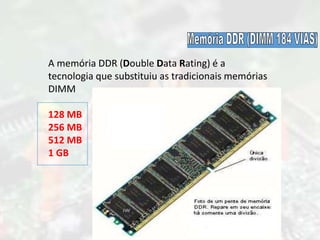 A memória DDR (Double Data Rating) é a
tecnologia que substituiu as tradicionais memórias
DIMM
128 MB
256 MB
512 MB
1 GB
 