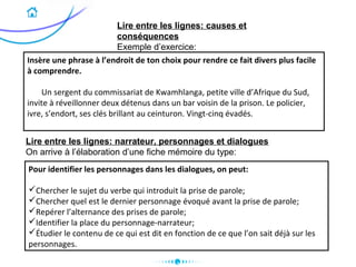 Lire entre les lignes: causes et
conséquences
Exemple d’exercice:
Lire entre les lignes: narrateur, personnages et dialogues
On arrive à l’élaboration d’une fiche mémoire du type:
Insère une phrase à l’endroit de ton choix pour rendre ce fait divers plus facile
à comprendre.
Un sergent du commissariat de Kwamhlanga, petite ville d’Afrique du Sud,
invite à réveillonner deux détenus dans un bar voisin de la prison. Le policier,
ivre, s’endort, ses clés brillant au ceinturon. Vingt-cinq évadés.
Pour identifier les personnages dans les dialogues, on peut:
Chercher le sujet du verbe qui introduit la prise de parole;
Chercher quel est le dernier personnage évoqué avant la prise de parole;
Repérer l’alternance des prises de parole;
Identifier la place du personnage-narrateur;
Étudier le contenu de ce qui est dit en fonction de ce que l’on sait déjà sur les
personnages.
 