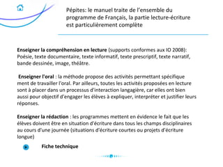 Enseigner la compréhension en lecture (supports conformes aux IO 2008):
Poésie, texte documentaire, texte informatif, texte prescriptif, texte narratif,
bande dessinée, image, théâtre.
Enseigner l'oral : la méthode propose des activités permettant spécifique
ment de travailler l'oral. Par ailleurs, toutes les activités proposées en lecture
sont à placer dans un processus d'interaction langagière, car elles ont bien
aussi pour objectif d'engager les élèves à expliquer, interpréter et justifier leurs
réponses.
Enseigner la rédaction : les programmes mettent en évidence le fait que les
élèves doivent être en situation d'écriture dans tous les champs disciplinaires
au cours d'une journée (situations d'écriture courtes ou projets d'écriture
longue)
Pépites: le manuel traite de l’ensemble du
programme de Français, la partie lecture-écriture
est particulièrement complète
Fiche technique
 
