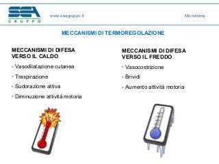 MECCANISMI DI TERMOREGOLAZIONE
MECCANISMI DI DIFESA
VERSO IL CALDO
- Vasodilatazione cutanea
- Traspirazione
- Sudorazione attiva
- Diminuzione attività motoria
www.seagruppo.it Microclima
MECCANISMI DI DIFESA
VERSO IL FREDDO
- Vasocostrizione
- Brividi
- Aumento attività motoria
 