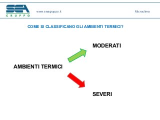 COME SI CLASSIFICANO GLI AMBIENTI TERMICI?
AMBIENTI TERMICI
www.seagruppo.it Microclima
MODERATI
SEVERI
 