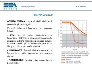 www.seagruppo.it
FUNZIONI VISIVE
ACUITA’ VISIVA: capacità dell’individuo di
percepire piccoli oggetti.
L’acuità visiva è influenzata da numerosi
fattori:
• ETA’: l’acuità visiva diminuisce con
l’avanzare dell’età, e contemporaneamente
si assiste ad una maggiore esigenza di luce.
In altre parole: più si invecchia, più si ha
bisogno di luce per vedere bene.
• LUMINANZA: l’acuità visiva aumenta con
l’aumentare della luminanza del campo
visivo.
• CONTRASTO: l’acuità visiva aumenta con
il contrasto.
Illuminazione
 