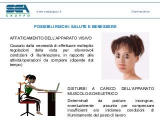 www.seagruppo.it
POSSIBILI RISCHI: SALUTE E BENESSERE
AFFATICAMENTO DELL’APPARATO VISIVO
Causato dalla necessità di effettuare molteplici
regolazioni della vista per sfavorevoli
condizioni di illuminazione, in rapporto alle
attività/operazioni da compiere (dipende dal
tempo)
DISTURBI A CARICO DELL’APPARATO
MUSCOLO-SCHELETRICO
Determinati da posture incongrue,
eventualmente assunte per compensare
insufficienti e/o inidonee condizioni di
illuminamento del posto di lavoro
Illuminazione
 