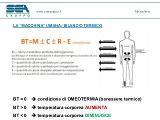 LA “MACCHINA” UMANA: BILANCIO TERMICO
BT = 0  condizione di OMEOTERMIA (benessere termico)
BT > 0  temperatura corporea AUMENTA
BT < 0  temperatura corporea DIMINUISCE
www.seagruppo.it Microclima
 