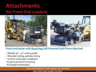 Front-end loader with Road Hog Self Powered Cold Planer attached
• Models 30” - 72” cutting width
• Shoulder milling, pothole milling
• cuts for utility pipe installation
•In place pavement recycling
•Full depth reclamation
 