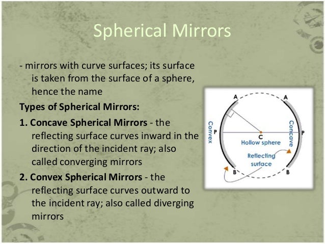 Spherical Mirrors
- mirrors with curve surfaces; its surface
is taken from the surface of a sphere,
hence the name
Types o...