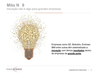 Mito N 9
Inovação não é algo para grandes empresas:




                                  Empresas como GE, Boticário, Embraer,
                                  IBM entre outras têm sistematizado a
                                  inovação com ótimos resultados dentro
                                  de empresas de grande porte.




                                                  ELABORADO PELA INNOSCIENCE   |   11
 