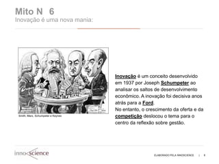 Mito N 6
Inovação é uma nova mania:




                                    Inovação é um conceito desenvolvido
                                    em 1937 por Joseph Schumpeter ao
                                    analisar os saltos de desenvolvimento
                                    econômico. A inovação foi decisiva anos
                                    atrás para a Ford.
                                    No entanto, o crescimento da oferta e da
 Smith, Marx, Schumpeter e Keynes   competição deslocou o tema para o
                                    centro da reflexão sobre gestão.




                                                     ELABORADO PELA INNOSCIENCE   |   8
 