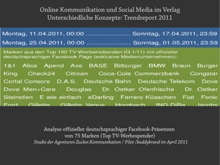 Online Kommunikation und Social Media im Verlag
    Unterschiedliche Konzepte: Trendreport 2011




    Analyse offizieller deutschsprachiger Facebook-Präsenzen
             von 75 Marken (Top TV-Werbespender)
Studie der Agenturen Zucker.Kommunikation / Pilot /buddybrand im April 2011
 